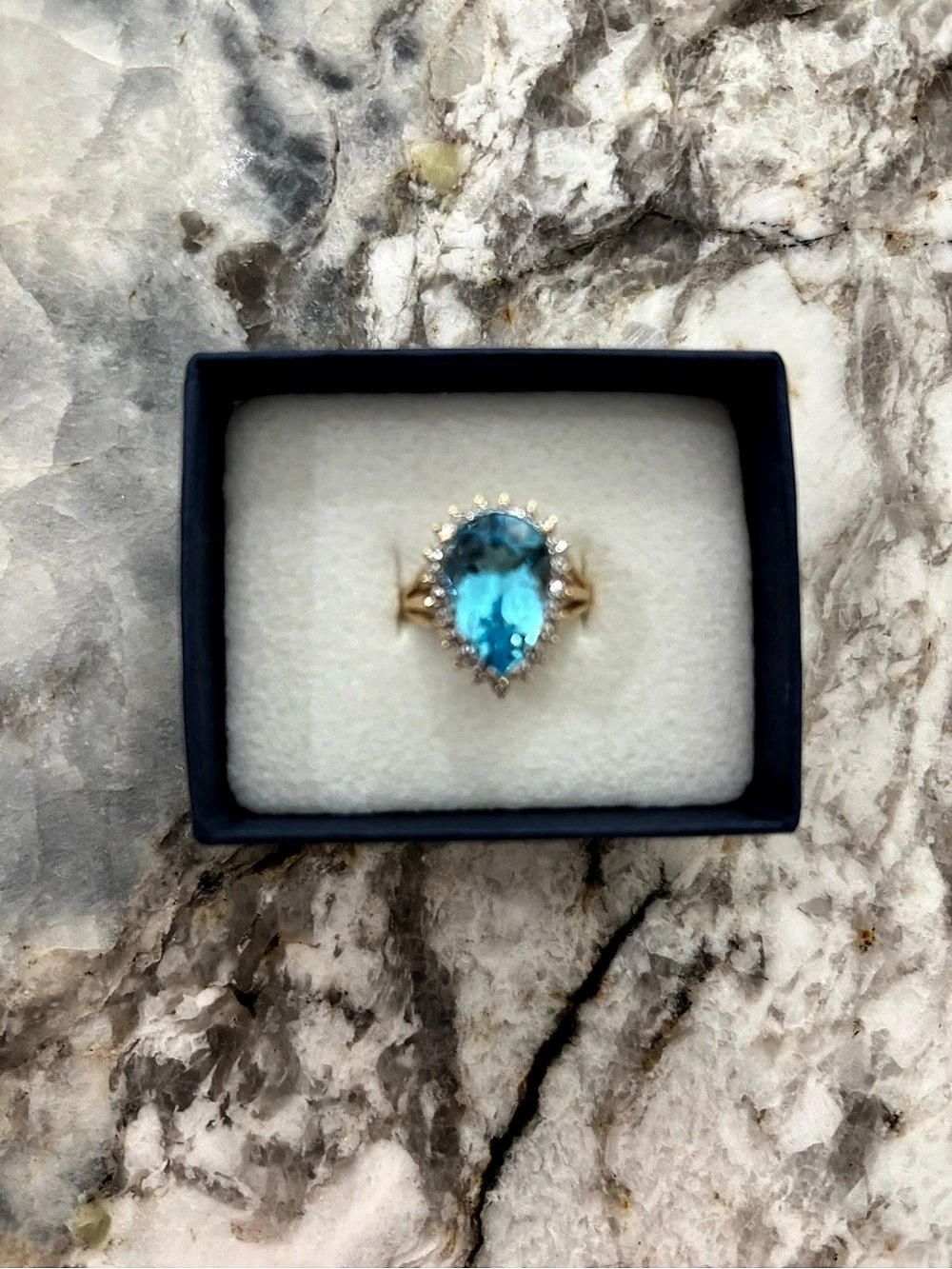 NEW in BOX 14k yellow gold Blue Topaz Pear Shaped Stone with Diamond Accent Ring